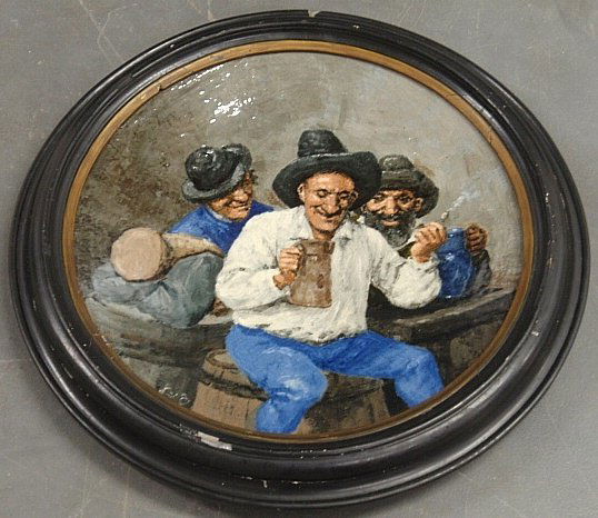 Large framed colorful ceramic Continental deep charger,: Large framed colorful ceramic Continental deep charger, 19th c., with a tavern scene and men drinking. 24.5"dia.
