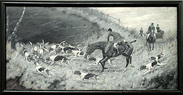 Wright, George [English, 1866-1942] oil on canvas en: Wright, George [English, 1866-1942] oil on canvas en grisaille foxhunting scene titled "In at the Death", signed l.r. "G. Wright". Site- 9.5"x19.5"