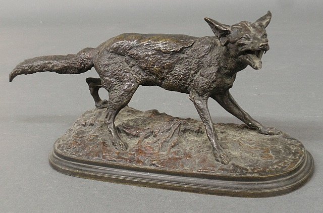 Mene, Pierre Jules [French, 1810-1879] large bronze of: Mene, Pierre Jules [French, 1810-1879] large bronze of a standing snarling fox, signed "P.J. Mene". 5"h.x.8.5"l.x4"w.
