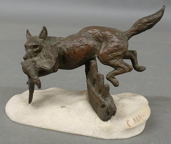 Masson, Clovis Edmond [French, 1838-1913] bronze of a: Masson, Clovis Edmond [French, 1838-1913] bronze of a fox jumping over a fence with a bird in its mouth, mounted on a marble base signed "C. Masson". 4.5"h.x6"l.x2.5"w.