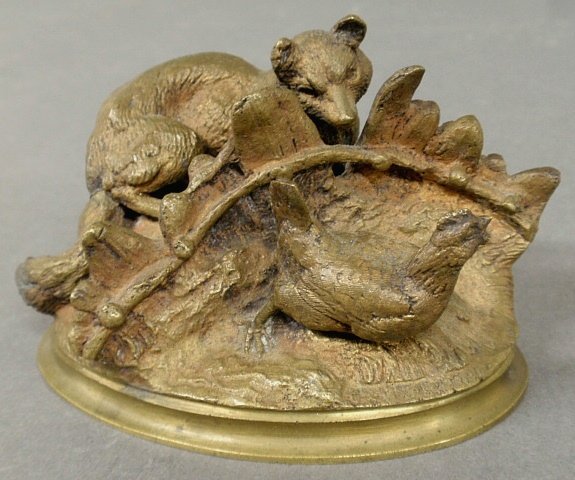 Moigniez, Jules [French, 1835-1894] bronze of a fox and: Moigniez, Jules [French, 1835-1894] bronze of a fox and chicken signed "J. Moigniez". 3"h.x4"l.x2.75"w.