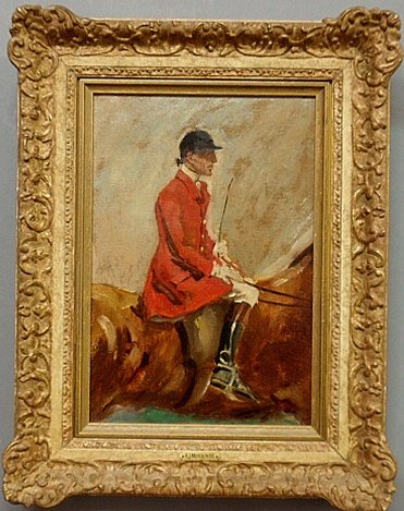 Oil on board painting of a mounted gentleman fox: Oil on board painting of a mounted gentleman fox hunter, in the manner of Sir A.J. Munnings. Site- 12.5"x8.5"