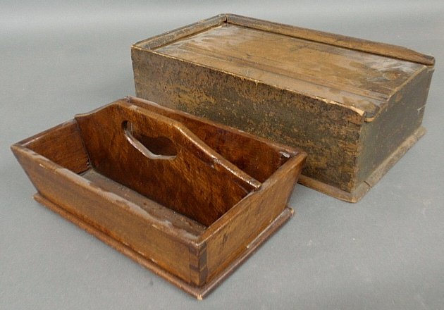 Pennsylvania German candle box, early 19th c., with: Pennsylvania German candle box, early 19th c., with original paint decoration and initialed "R.K.", 4.5"h.x9"w.x15"l., and a dovetailed cutlery tray.