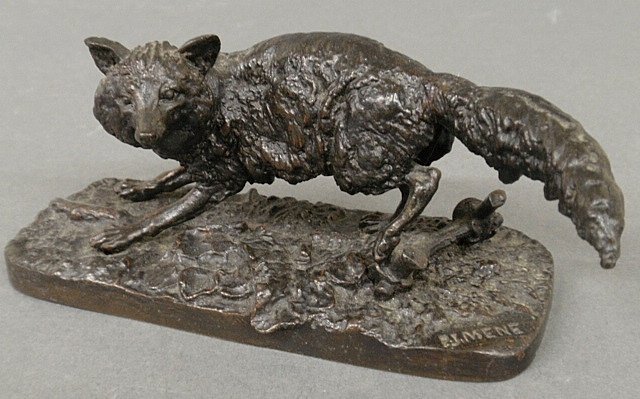Mene, Pierre Jules [French, 1810-1879] bronze of a: Mene, Pierre Jules [French, 1810-1879] bronze of a crouching fox signed "P.J. Mene". 2.5"h.x6.5"l.x2.25"w.