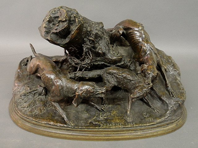 Mene, Pierre Jules [French, 1810-1879] large bronze: Mene, Pierre Jules [French, 1810-1879] large bronze fox and hounds figural group signed "P.J. Mene 1849". 12"h.x18"w.x10"d.