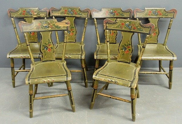 Set of six Pennsylvania plank bottom chairs in original: Set of six Pennsylvania plank bottom chairs in original green paint and labeled "Frederick Fox, Manufacturers of Fancy Windsor Chairs". 33.5"h.x19"w.x15"d., seats 17.5"h.