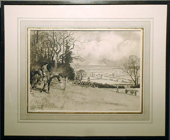Edwards, Lionel [English, 1878-1966] charcoal drawing: Edwards, Lionel [English, 1878-1966] charcoal drawing titled "A Kill at Godling,Trent Valley, S. Nolts.", signed l.l. "Lionel Edwards". Site- 10"x13.75"