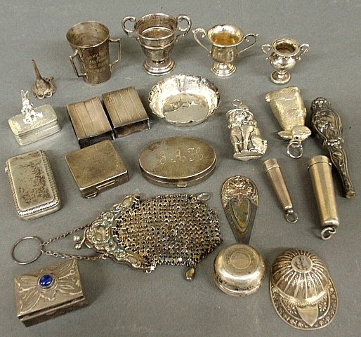 Group of small, mostly sterling silver, table article,: Group of small, mostly sterling silver, table article, accessories and miniatures TI matchbox covers, pill boxes, etc., and a double-handled loving cup 2"h.x2.25"w.