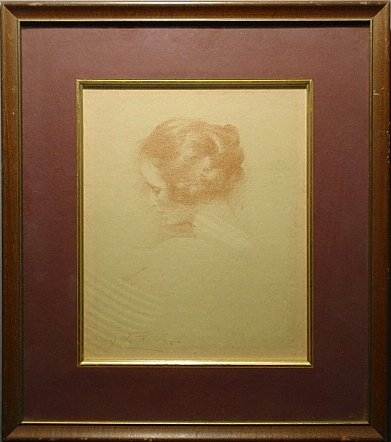 Parton, Henry Woodbridge [American/New York, 1858-1933]: Parton, Henry Woodbridge [American/New York, 1858-1933] sepia crayon portrait sketch of a young woman signed l.l. "Henry W. Parton", framed and matted. Site- 11"x9"