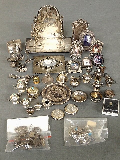 Group of miniature silver and silverplate furnishings: Group of miniature silver and silverplate furnishings and accessories incl. picture frames, tea services, etc., some pieces marked, largest 4"h.x4.5"w.