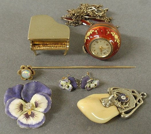 Nardine red enameled ball watch on silver chain, 9k: Nardine red enameled ball watch on silver chain, 9k gold piano charm, gold and elk's tooth charm, gold stick pin, 14k gold and enameled pansy pin & matching earrings