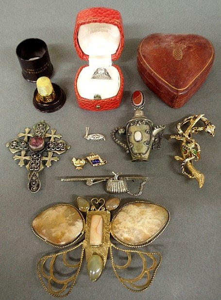 Group of sterling silver jewelry & accessories, 10k: Group of sterling silver jewelry & accessories, 10k gold ring, tested gold thimble, 14k gold serpent pin (15g.), etc.