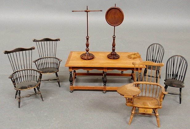 Group of finely made miniature 1" scale Windsor style c: Group of finely made miniature 1" scale Windsor style chairs- writing armchair 3.75"h.x3"w.- a tavern table 2.5"h.x6.25"w.x3.5"d. and accessories.