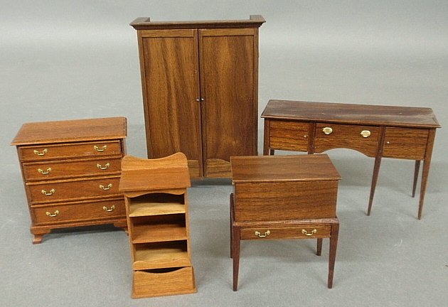 Four pieces of miniature 1" scale furniture by Gary: Four pieces of miniature 1" scale furniture by Gary Larson and a Rasmussen armoire.