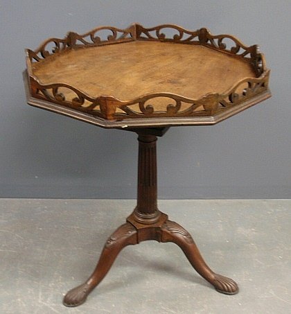 Anglo/Irish mahogany octagonal top tea table, c.1780,: Anglo/Irish mahogany octagonal top tea table, c.1780, with a stop-fluted shaft and shell carved knees. 29"h., top 27"dia.