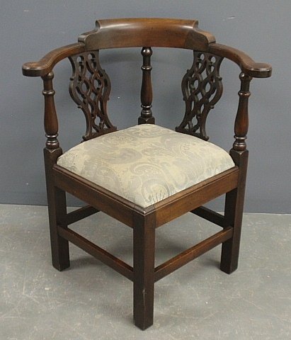 Chippendale style mahogany corner chair with carved: Chippendale style mahogany corner chair with carved pierced splats. 33"h.x29"w.x27"d., seat 19"h.