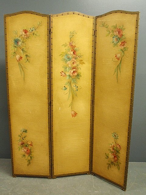 Three-part room screen with floral paint decoration,: Three-part room screen with floral paint decoration, early 20th c. 70"h., each panel 17.75"w.