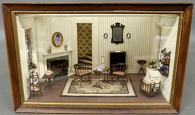 Rare Narcissa N. Thorne miniature room box of a formal: Rare Narcissa N. Thorne miniature room box of a formal circa1780 living room with portrait over mantelpiece, Aubusson rug and Chippendale mirror, with wallpapered exterior and label verso “American 