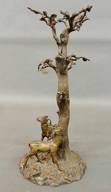 Metal epergne, probably 19th c. London, with deer under: Metal epergne, probably 19th c. London, with deer under a tree. Lacking crystal bowl and as found. 18"h., base 8"dia.