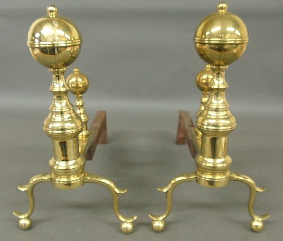 Pair of Federal ball-top andirons, c.1800, with log: Pair of Federal ball-top andirons, c.1800, with log stops and spurred legs. 18"h.x10"w.x21"d.