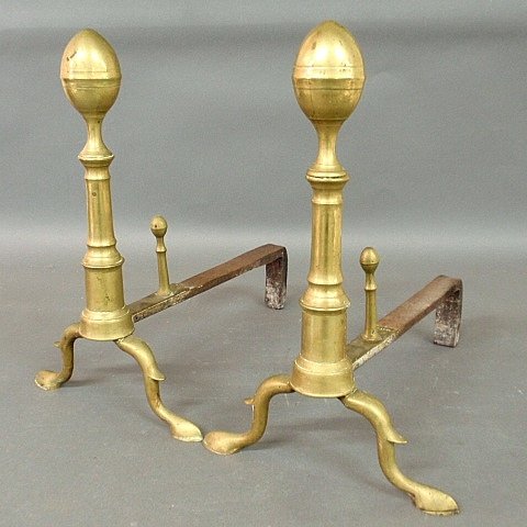 Rare pair of brass lemon-top andirons signed "J. Davis,: Rare pair of brass lemon-top andirons signed "J. Davis, Boston", 1780, with log stops and spurred legs. 17"h.x11"w.x16"d.