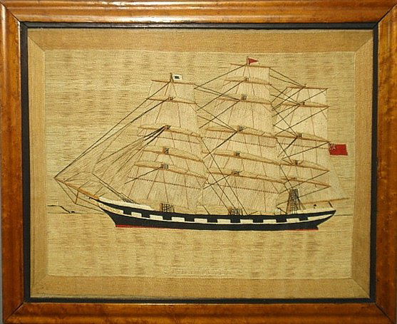 English sailor's woolie done in both wool and silk, of: English sailor's woolie done in both wool and silk, of the three-masted frigate Loch Leven, and mounted in a maple frame. Site- 17.25"x21.5"