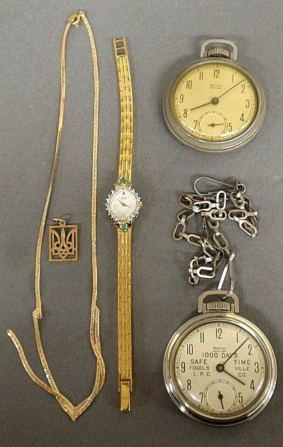 Two-color 14k gold herringbone chain (as found) & 14k: Two-color 14k gold herringbone chain (as found) & 14k pendant- 3.5dwt.total; gold plated Pulsar wristwatch with diamond & emerald accents, two Westclox Ben pocket watches