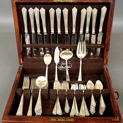 Sterling silver flatware service for twelve in the: Sterling silver flatware service for twelve in the "Navarre" pattern by Watson- 12 each dinner knives w/stainless blades, seafood forks, 11 each dinner forks, salad forks, bouillon spoons, 19 teaspoon