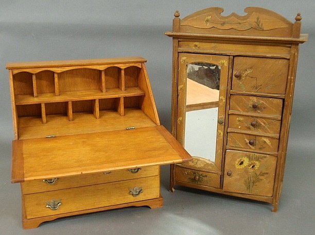 French miniature wardrobe with floral paint decoration,: French miniature wardrobe with floral paint decoration, provenance: Doris Lechler, 19.5"h.x12.5"w.x5"d., and a miniature pine slant-lid desk 14"h.x13.5"w.