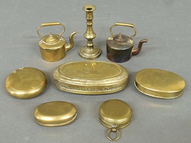 Eight pieces of small brassware- tobacco boxes- largest: Eight pieces of small brassware- tobacco boxes- largest 1"x5", miniature kettles, candlestick and a compass.