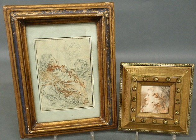 Two framed Francois Boucher style prints, one of a: Two framed Francois Boucher style prints, one of a sleeping child, site- 7.5"x5.5", and the other of a woman.