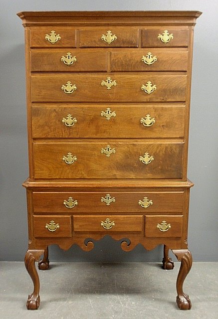 Philadelphia Chippendale walnut highboy, c. 1770, the: Philadelphia Chippendale walnut highboy, c. 1770, the base of a later date. Provenance: Pook & Pook, Inc., Downingtown, PA. 72"h.x38.25"w.x23"d.