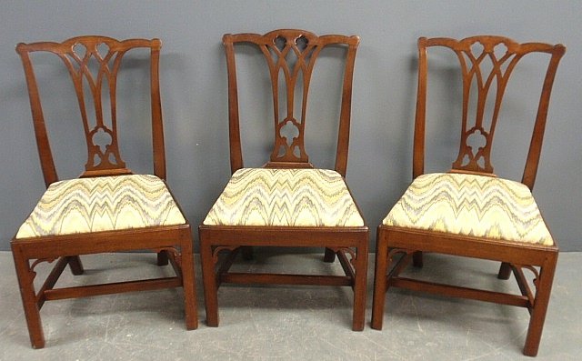 Set of six Philadelphia Chippendale mahogany side: Set of six Philadelphia Chippendale mahogany side chairs, c.1780, with pierced carved Gothic splats and slip seats. Provenance: Freemans Auction. 37.5"h.x22.25"w.x17"d., seats 18"h. Photo showing thre