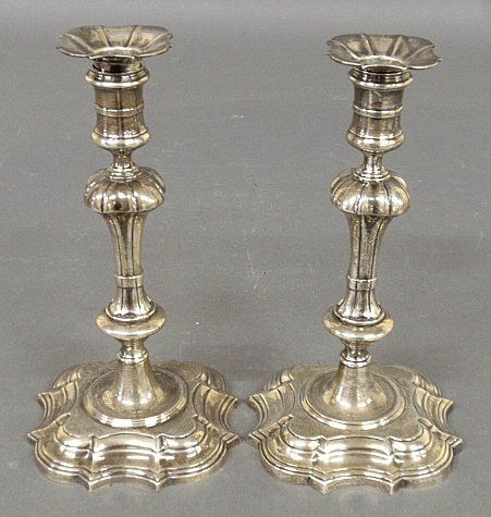 Pair of English Chippendale silver candlesticks retaile: Pair of English Chippendale silver candlesticks retailed by "James Robinson, Inc., NY" and both bobeches and sticks with hallmarks. 9.5"h., 48 troy oz.