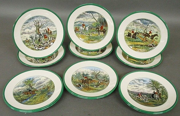 Set of twelve Spode fox hunting plates with green rims.: Set of twelve Spode fox hunting plates with green rims. 9"dia.