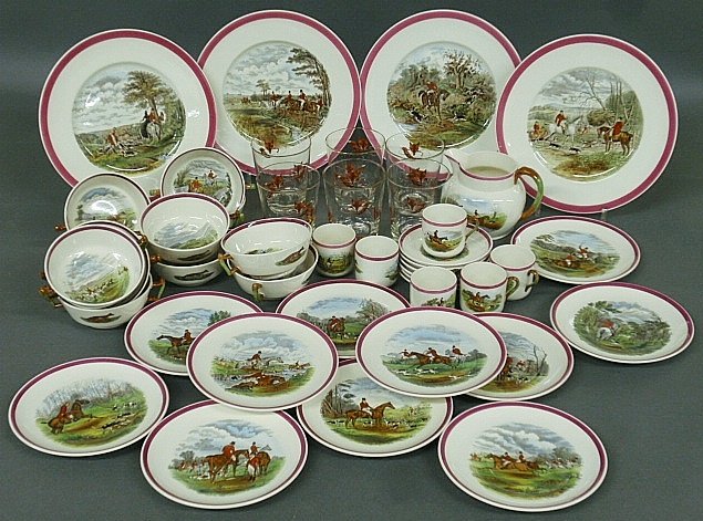 Partial Copeland Spode service with J.F. Herring fox: Partial Copeland Spode service with J.F. Herring fox hunting scenes, 39 pieces, and six matching cocktail glasses.
