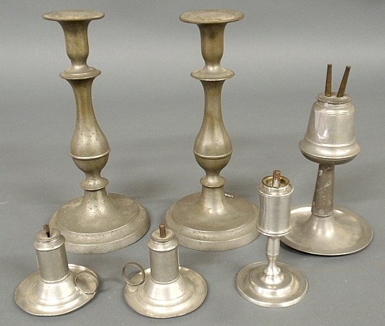 Six early American pewter pieces- 2 candlesticks: Six early American pewter pieces- 2 candlesticks attributed to Sellew & Co. 10"h., 2 small oil lamps by Putnam 3.25"h., oil lamp by John Booth, Waretown, NJ, etc.