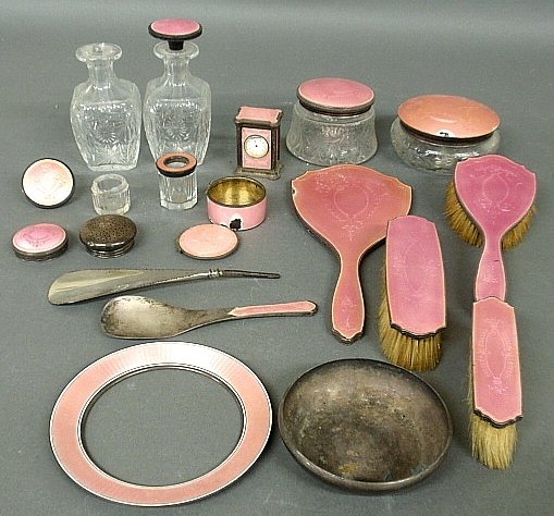 Sterling silver and enameled dresser set and: Sterling silver and enameled dresser set and accessories, c.1920, incl. a Swiss clock. All as found. Bottle 6.5"h.