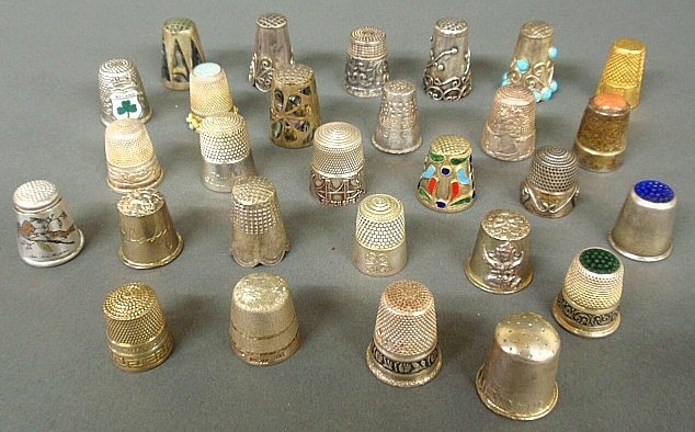 Twenty-eight thimbles- sterling silver, English silver,: Twenty-eight thimbles- sterling silver, English silver, 4.25 troy oz., and other metals
