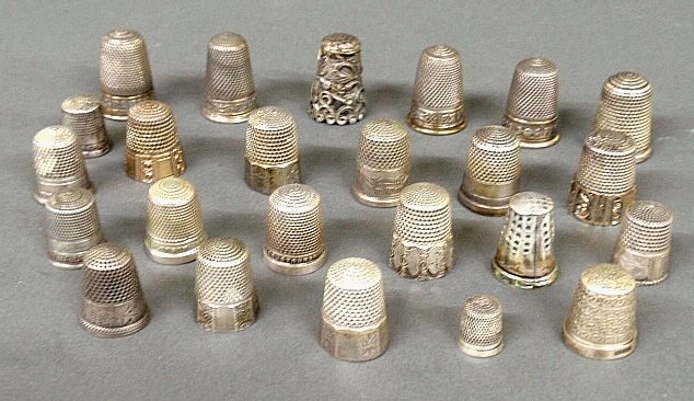 Twenty-five thimbles- sterling silver, English silver,: Twenty-five thimbles- sterling silver, English silver, 3.60 troy oz., and other metals