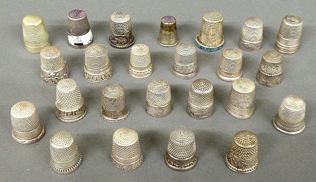 Twenty-five thimbles- sterling silver, English silver,: Twenty-five thimbles- sterling silver, English silver, 3.33 troy oz., and other metals