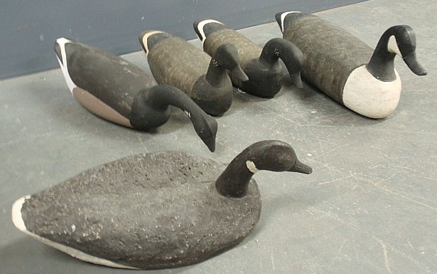 Five goose decoys- three by Reuben C. Corlies, (1882-19: Five goose decoys- three by Reuben C. Corlies, (1882-1976) Manahawkin, NJ- largest 10”h.x24”l.x7”w.; one by Chris Sprauge and one by Phillip Grant