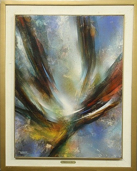 Nierman, Leonardo M. [American/New Mexico & New York,: Nierman, Leonardo M. [American/New Mexico & New York, b.1932] abstract oil on masonite painting titled "Flight in the Air", signed l.l. "Nierman". Site- 32"x24"