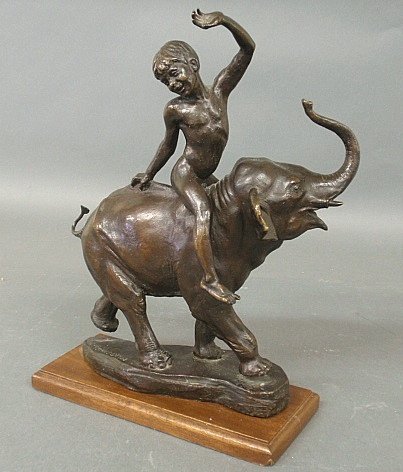 Frudikas, Zenos [American/California & Pennsylvania,: Frudikas, Zenos [American/California & Pennsylvania, b.1951] cast bronze sculpture of a child riding a baby elephant and titled "Two Babies signed "Zenos Frudakis 1982", cast at the Laran Bronze Found