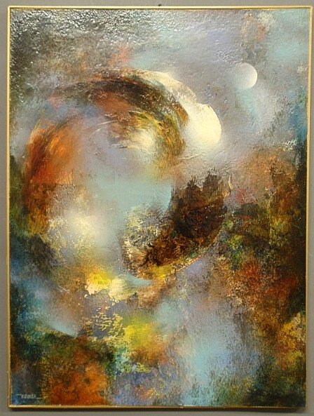 Nierman, Leonardo M. [American/New Mexico & New York,: Nierman, Leonardo M. [American/New Mexico & New York, b.1932] abstract oil on masonite painting of the moon, signed l.l. "Nierman". Site- 32"x24"
