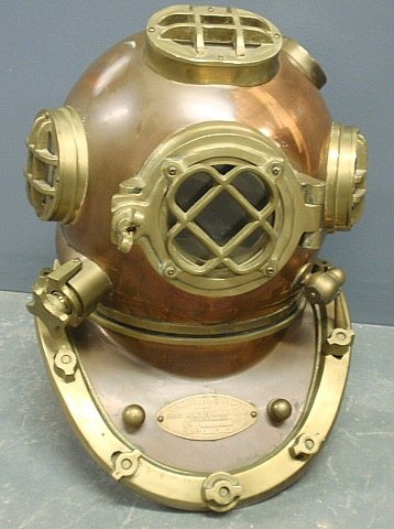 Reproduction brass and copper U.S. Navy diving helmet: Reproduction brass and copper U.S. Navy diving helmet Mark V. 20"h.x13.5"w.x22"d.