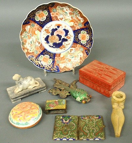 Misc. group of Asian tableware and accessories- Imari: Misc. group of Asian tableware and accessories- Imari plate 9.75"dia., cloisonnÃ© fish 6.5"l., female figural pipe, carved rat 3.5"h., etc.