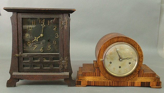 New Haven Clock Co. mission oak cased mantel clock: New Haven Clock Co. mission oak cased mantel clock 14"h. and another oak Art Deco style mantel clock 15.5"w. As found.