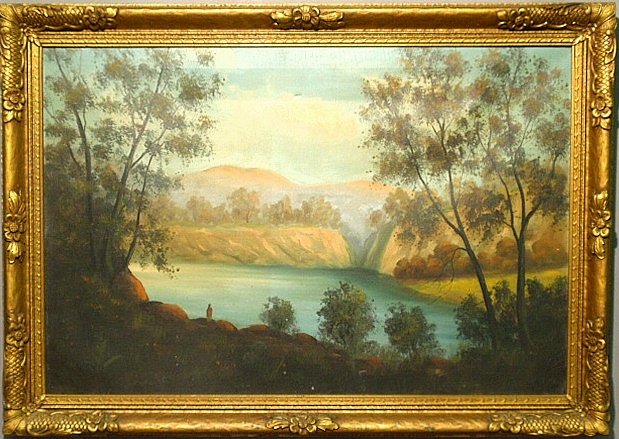 Oil on canvas painting, late 19th c., titled "The: Oil on canvas painting, late 19th c., titled "The Lake", signed l.l. "Norman", and mounted in a gilt frame. Site- 24"x36"
