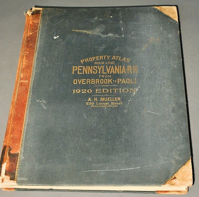 Book- Atlas of Properties on the Main Line,: Book- Atlas of Properties on the Main Line, Pennsylvania, Overbrook to Paoli, 1920 edition, A.H. Mueller, 530 Locust Street, Philadelphia. 22.5"x17.5"